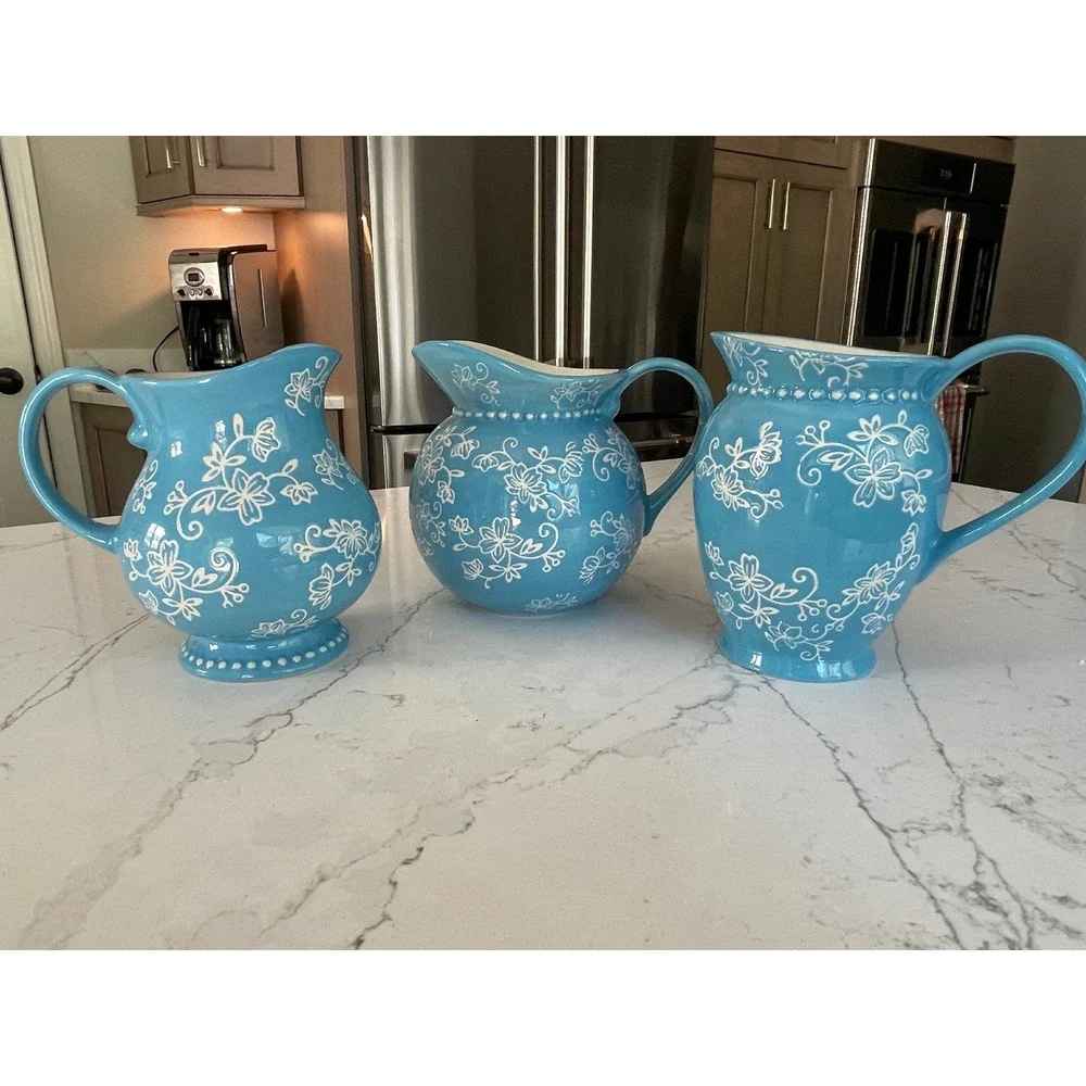 Temp-tations by Tara Floral Lace Blue Ceramic Pitcher Set of 3 18oz